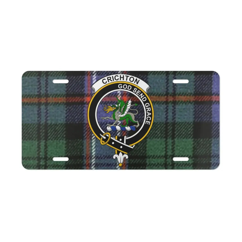 Clan Crichton Scottish tartan license plate — full-colour dragon crest print, aluminium, wall display