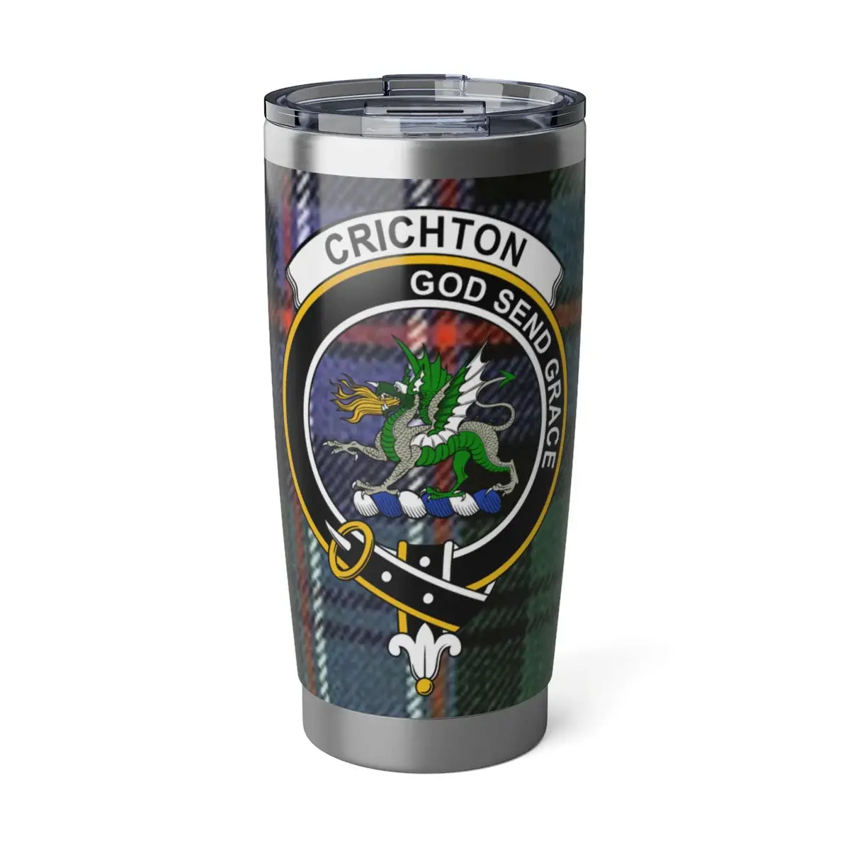 Clan Crichton tartan 20oz stainless steel tumbler — full-colour dragon crest print, silver finish