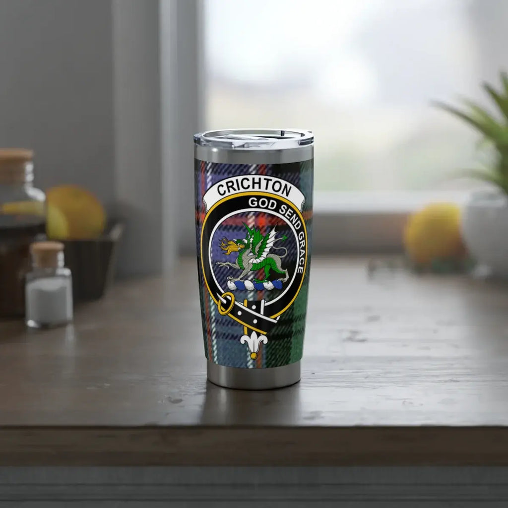 Crichton clan crest insulated tumbler — side view showing tartan and motto God Send Grace
