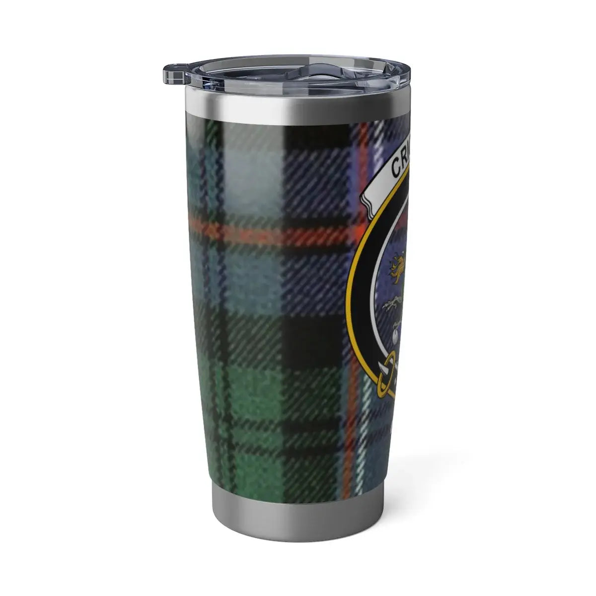 Crichton Scottish tartan tumbler — angled view, spill-resistant lid, cup holder size