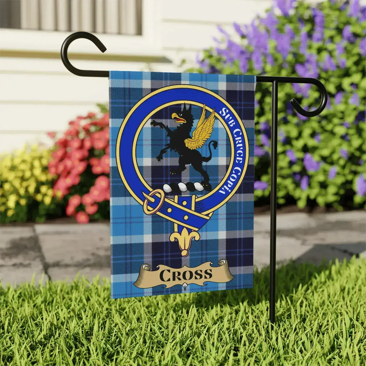 Cross clan crest tartan garden flag for outdoor display