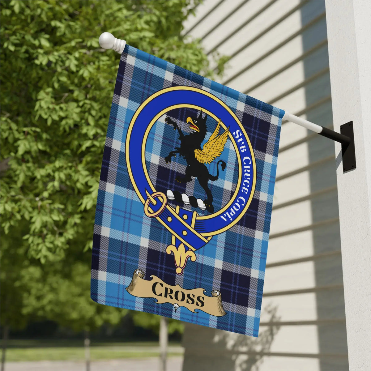 Cross tartan garden flag shown in 12x18 and 24x32 inch sizes