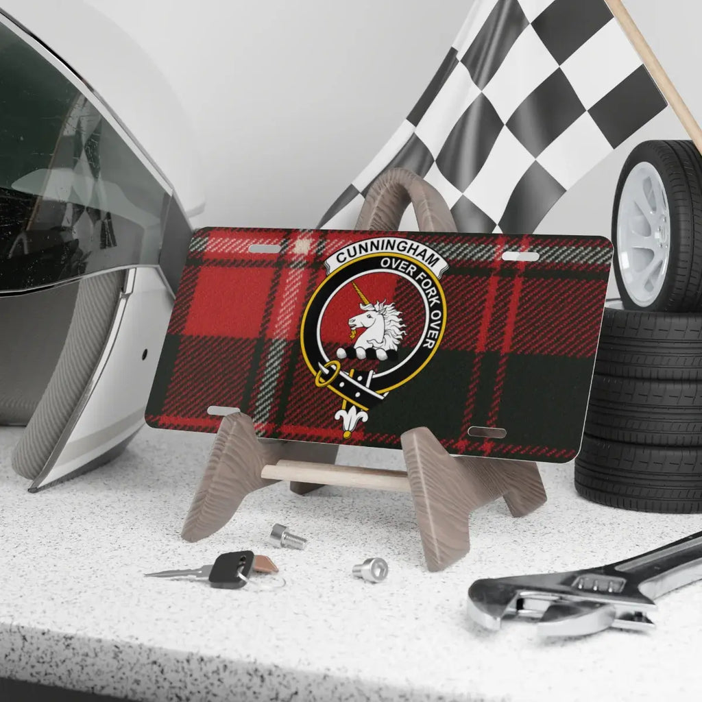 Cunningham clan crest novelty license plate — 12x6 aluminium with Over Fork Over unicorn tartan design
