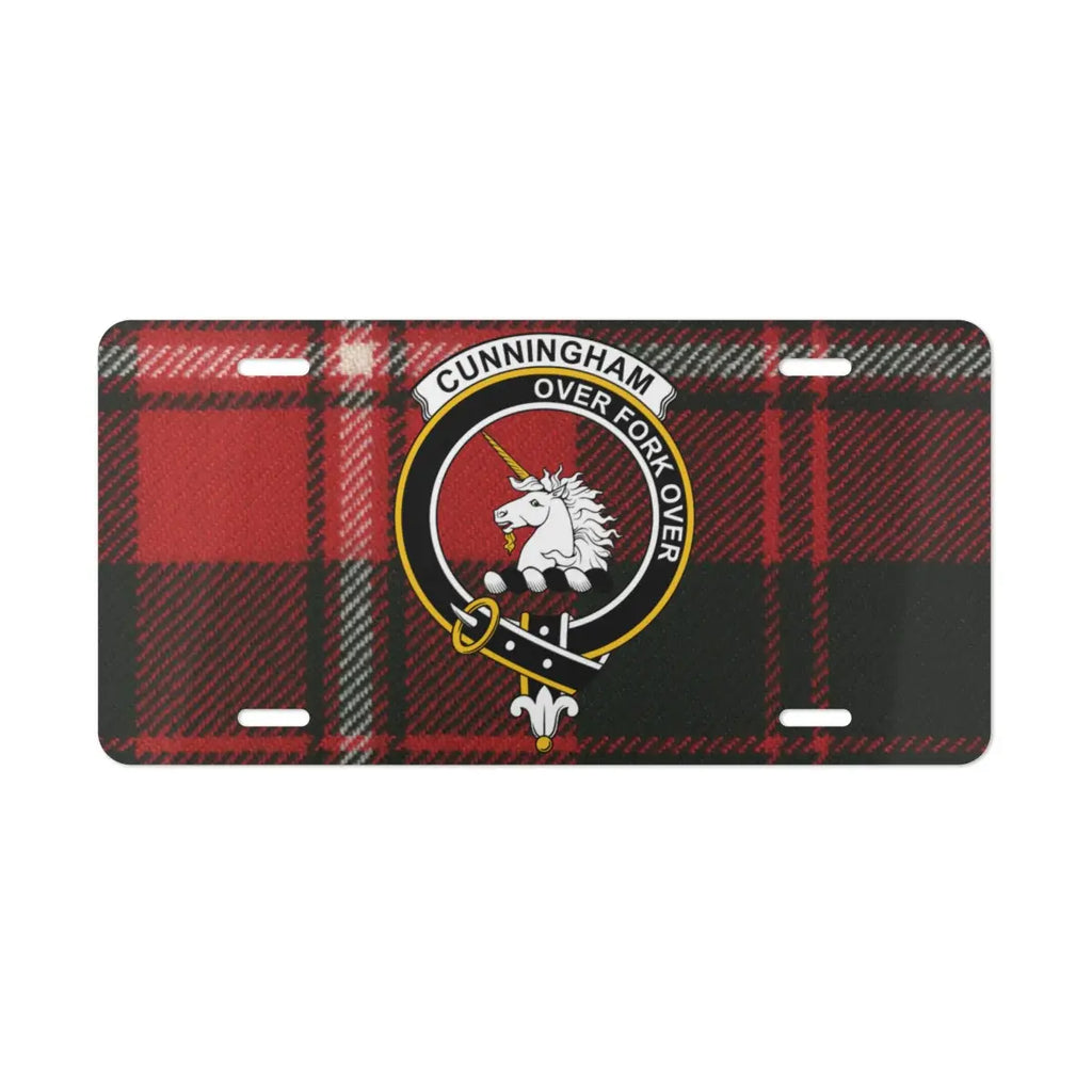 Cunningham Over Fork Over clan crest novelty plate — unicorn heraldic design on aluminium