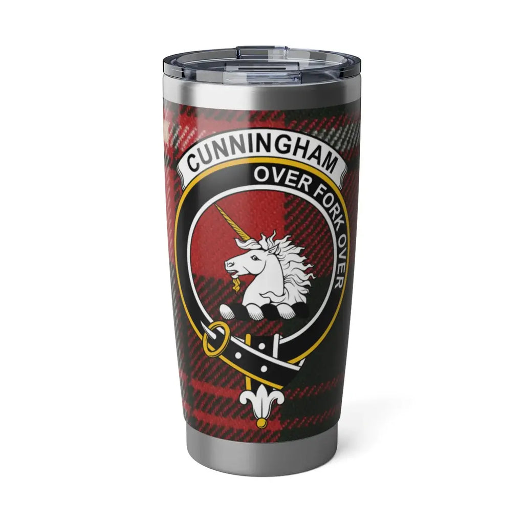 Cunningham clan tartan 20oz tumbler in silver — stainless steel with unicorn crest and Over Fork Over