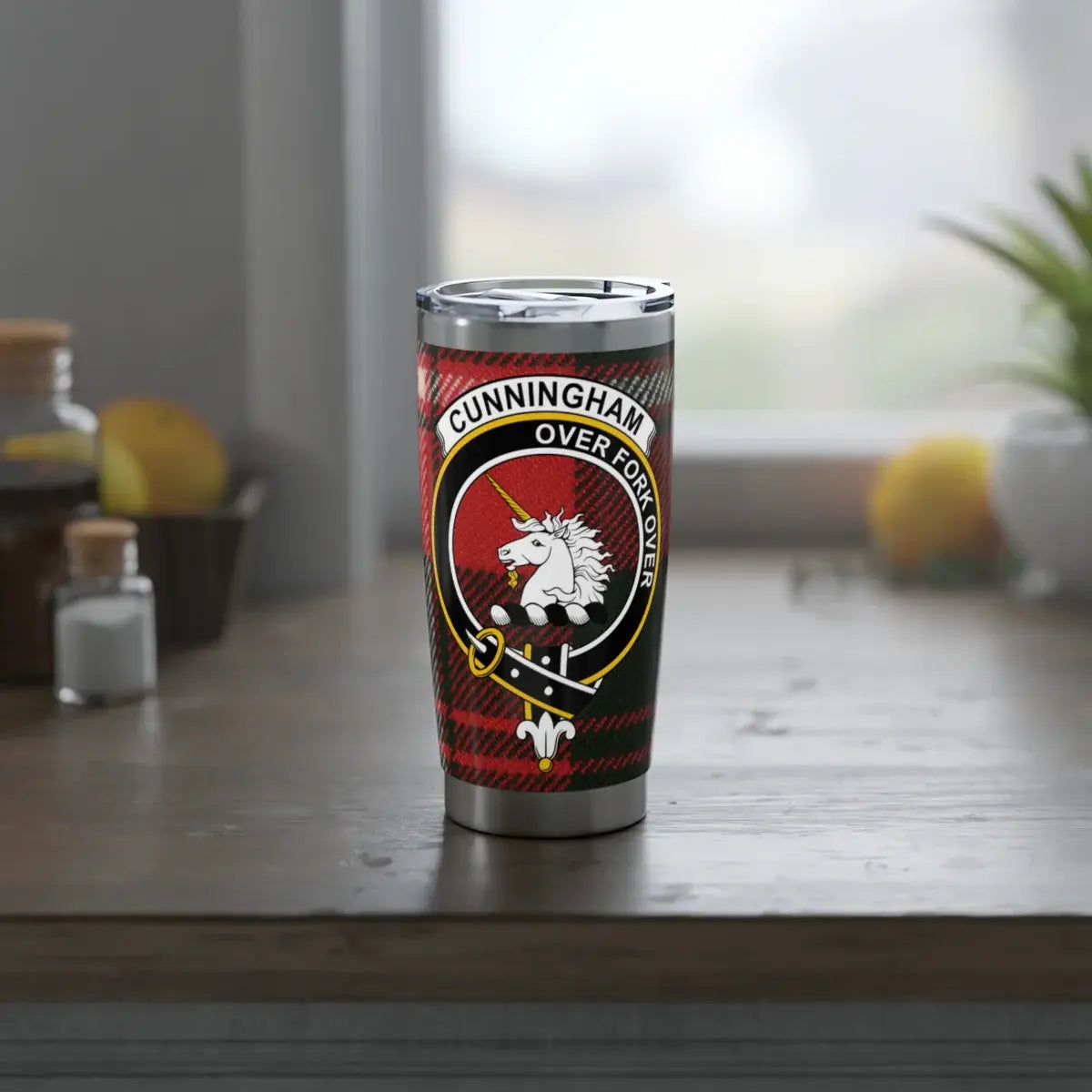 Cunningham clan unicorn plaid tumbler — double-wall insulated stainless steel with crest wrap