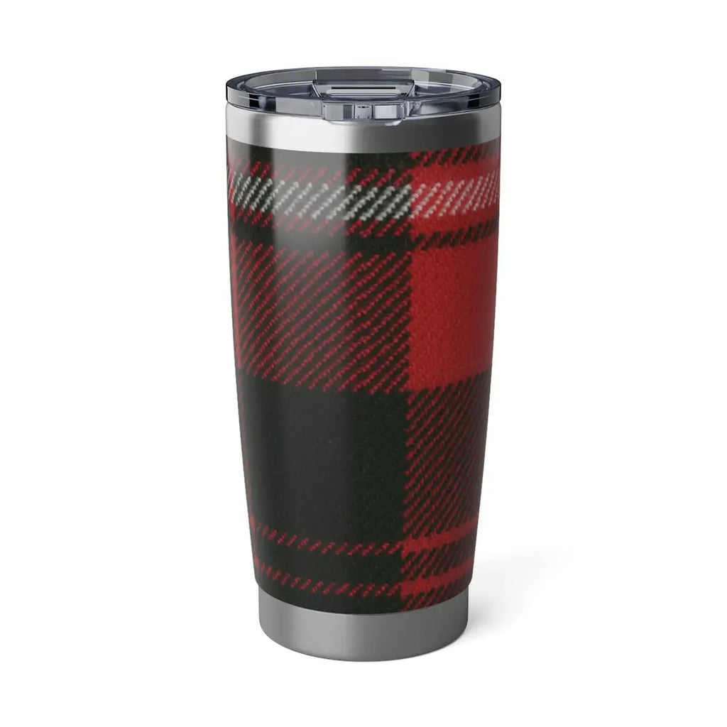 Cunningham clan crest tumbler in hand — red-black plaid insulated 20oz stainless steel