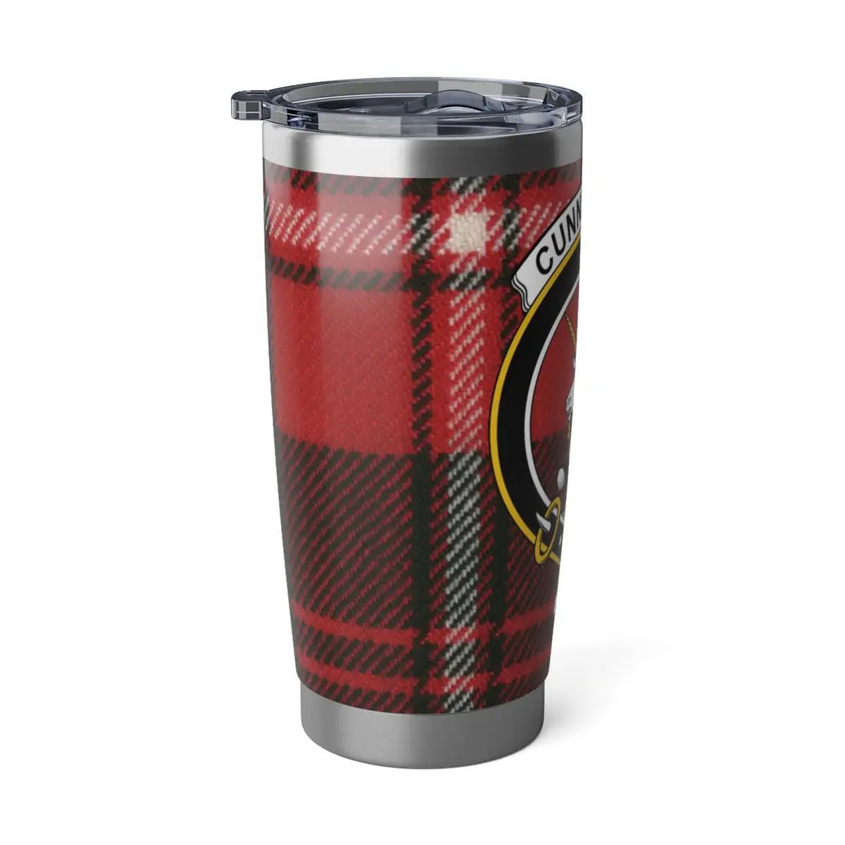 Cunningham tartan travel tumbler — red and black plaid clan design on 20oz stainless steel