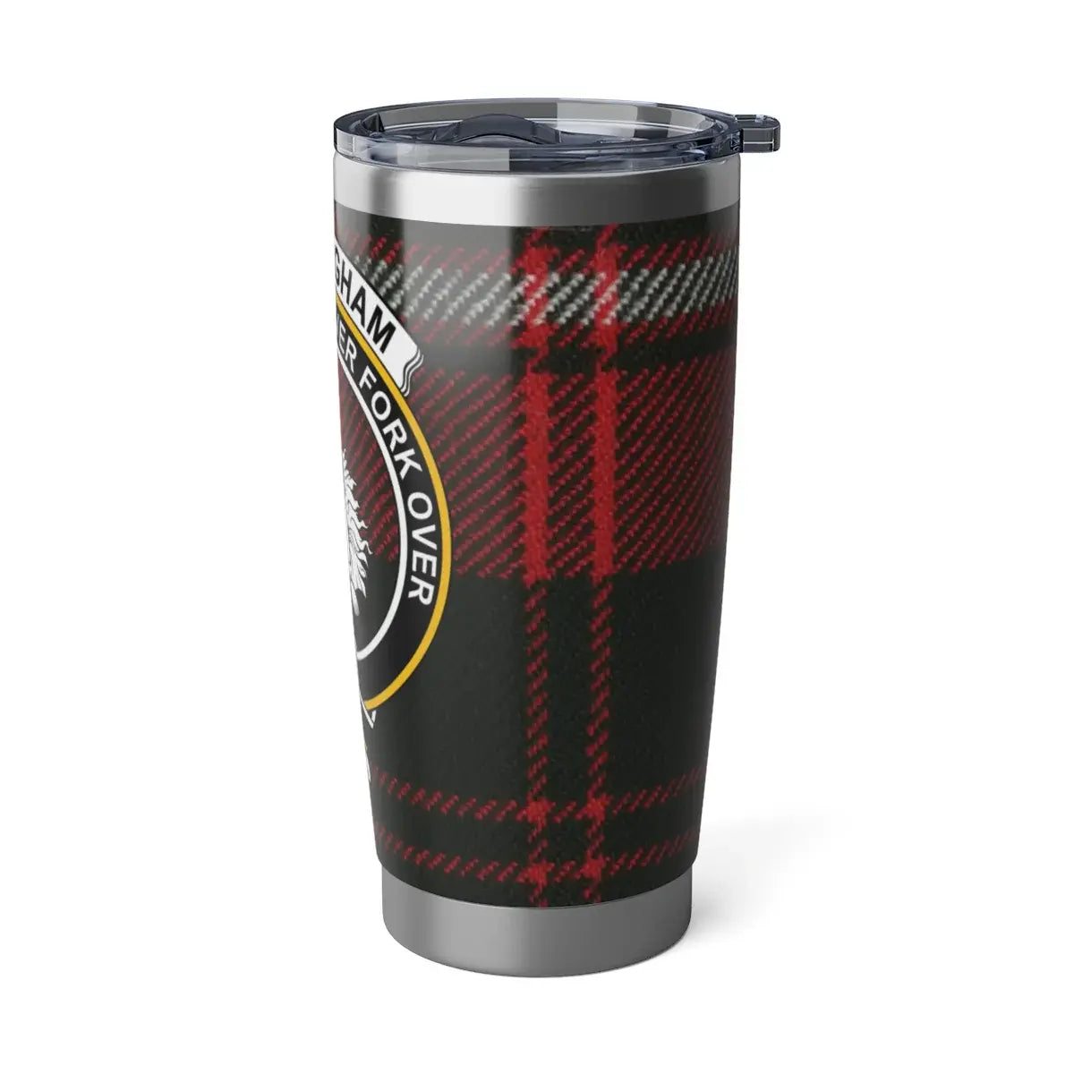 Cunningham clan tartan tumbler flat lay — 20oz silver showing full unicorn crest and plaid design