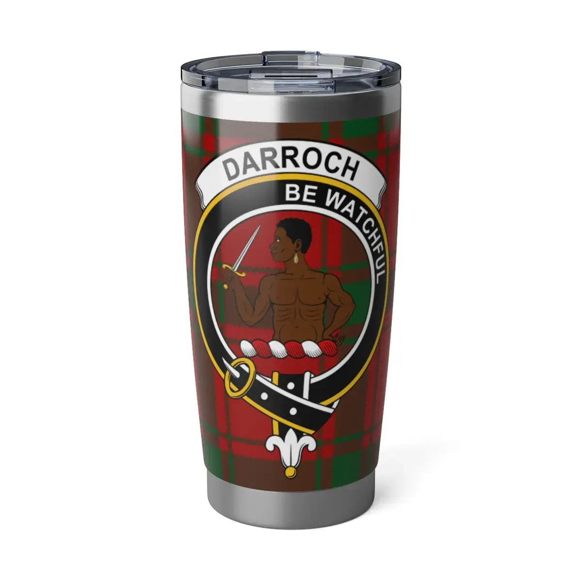 Clan Darroch tartan 20oz stainless steel tumbler — full-colour crest print, silver finish