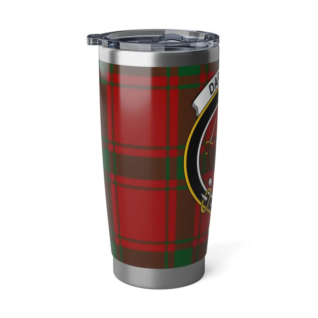 Darroch Scottish tartan tumbler — angled view, spill-resistant lid, cup holder size