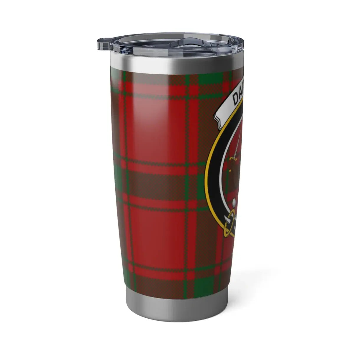 Darroch Scottish tartan tumbler — angled view, spill-resistant lid, cup holder size