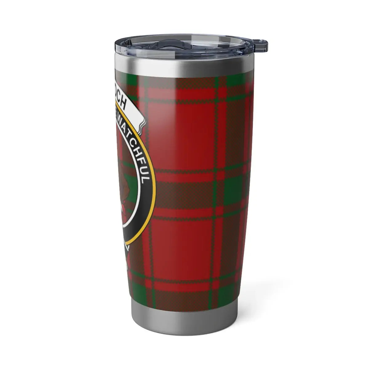 Darroch clan tartan tumbler lifestyle shot — 20oz steel, commuter desk setting