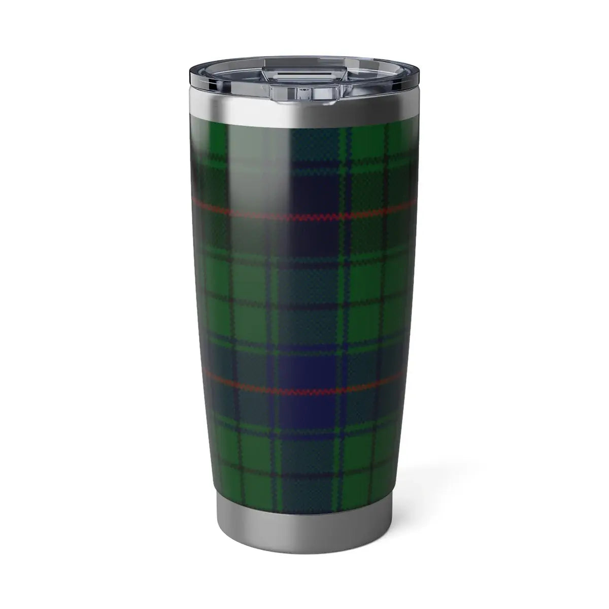 Davidson clan crest tumbler in hand — green and blue plaid insulated 20oz stainless steel