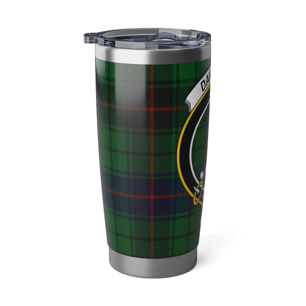 Davidson Scottish clan tartan travel tumbler — heraldic crest on 20oz stainless steel, fits cup holders