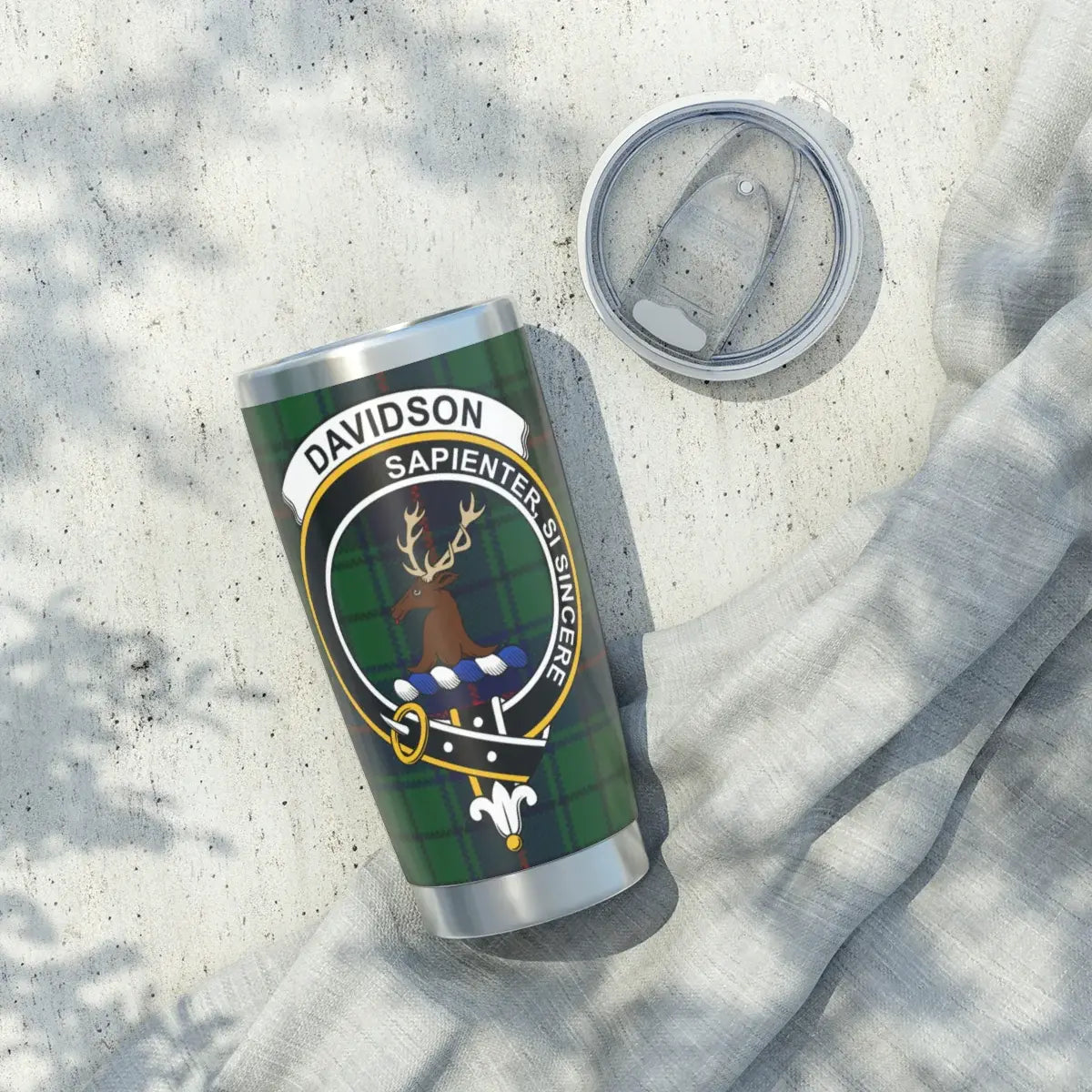 Davidson clan crest insulated tumbler — 20oz silver stainless steel, full tartan wrap