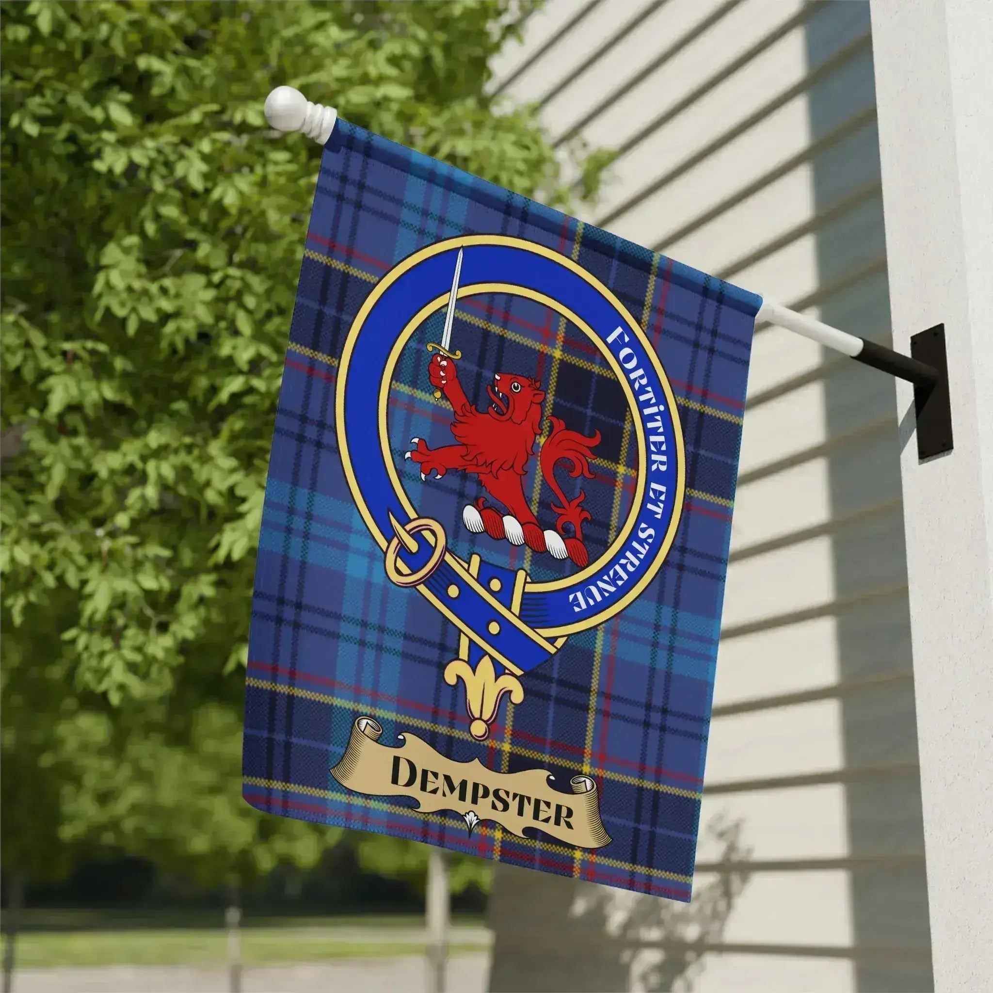 Dempster Family Crest with Plaid Design Flag product