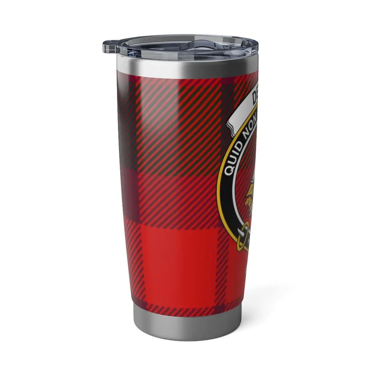 Red Plaid Tumbler with Decorative Crest Travel Mug