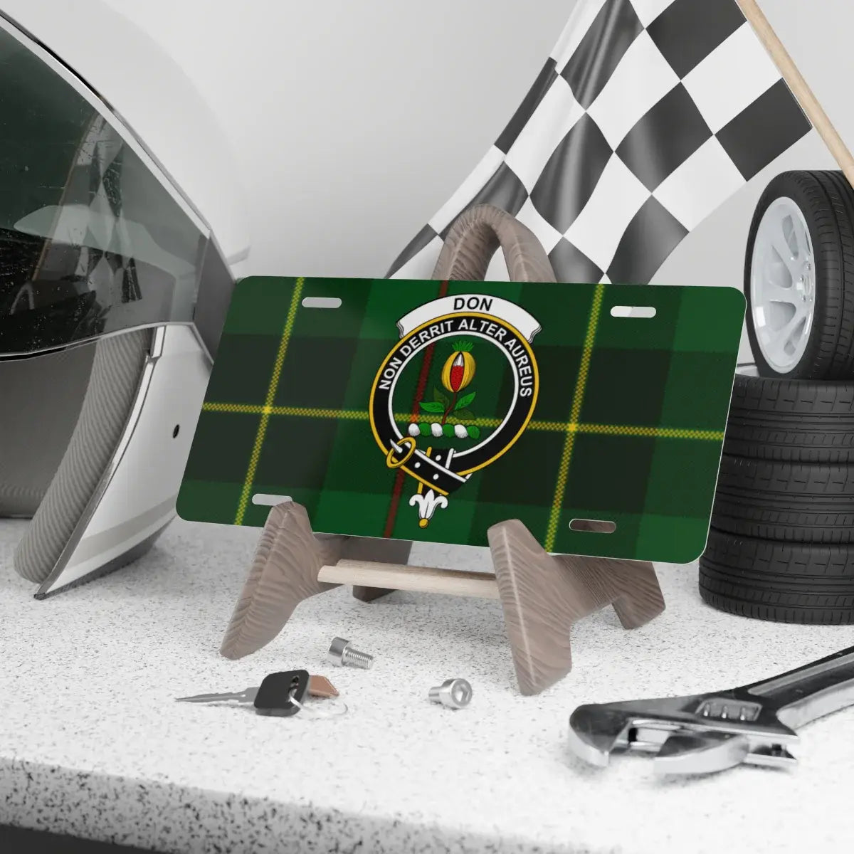 Clan Donald crest MacDonald tartan novelty license plate — 12x6 aluminium with Non Derrit Alter Aureus design