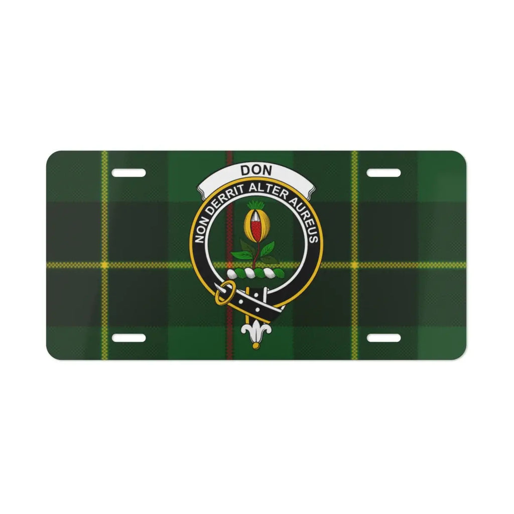 Clan Donald personalised Scottish crest license plate — MacDonald tartan heraldic design on aluminium