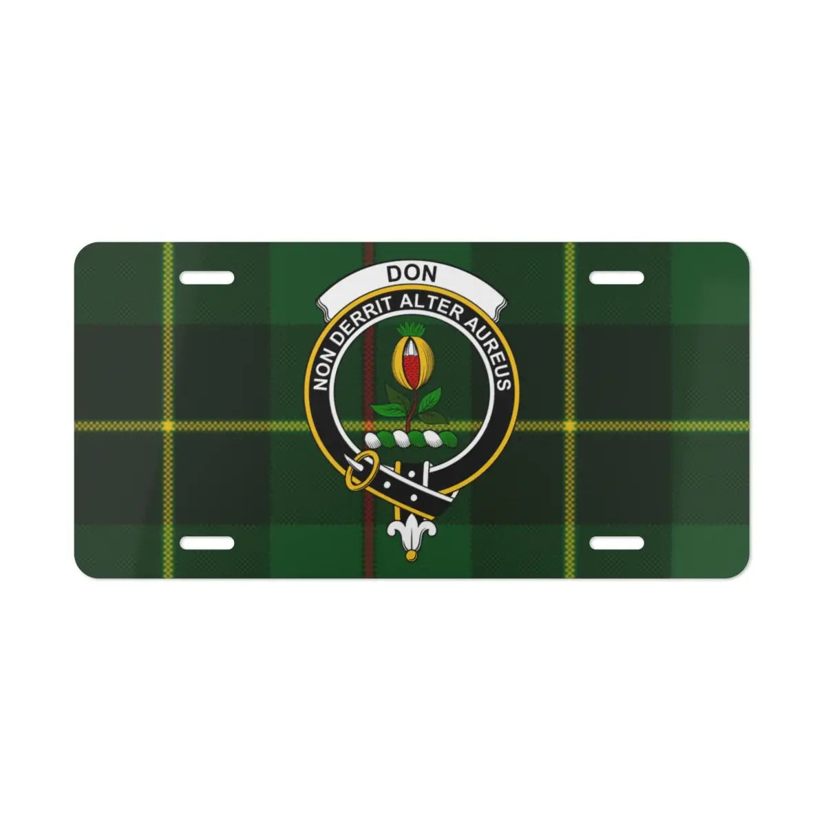 Clan Donald personalised Scottish crest license plate — MacDonald tartan heraldic design on aluminium