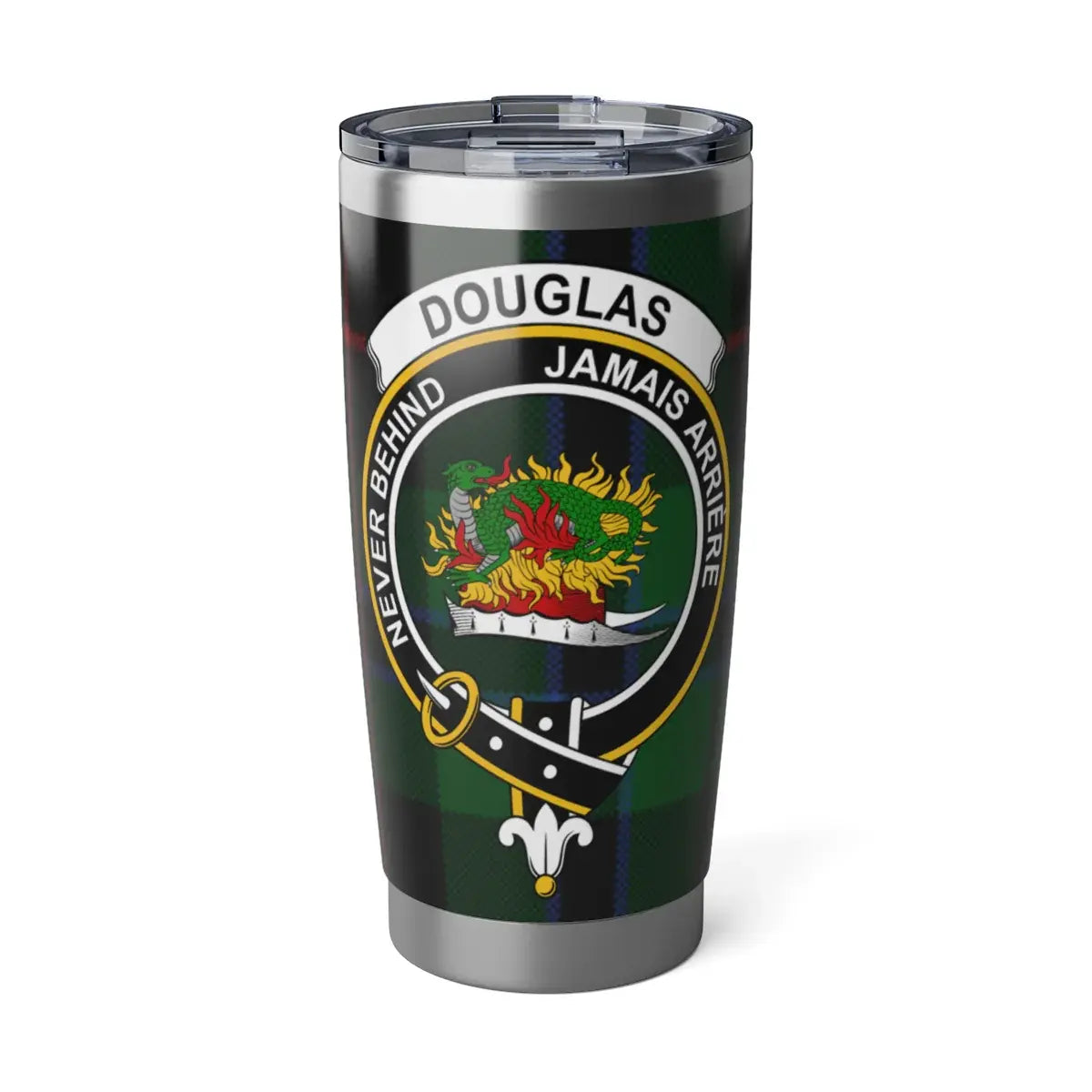 Douglas clan tartan 20oz tumbler — stainless steel with Jamais Arriere Never Behind clan crest design