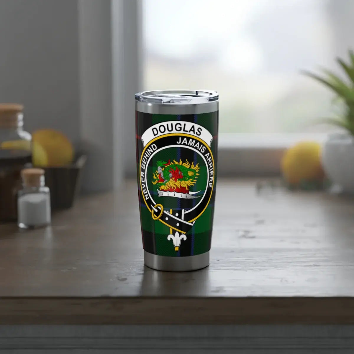 Douglas clan crest insulated tumbler — personalized family crest on double-wall stainless steel