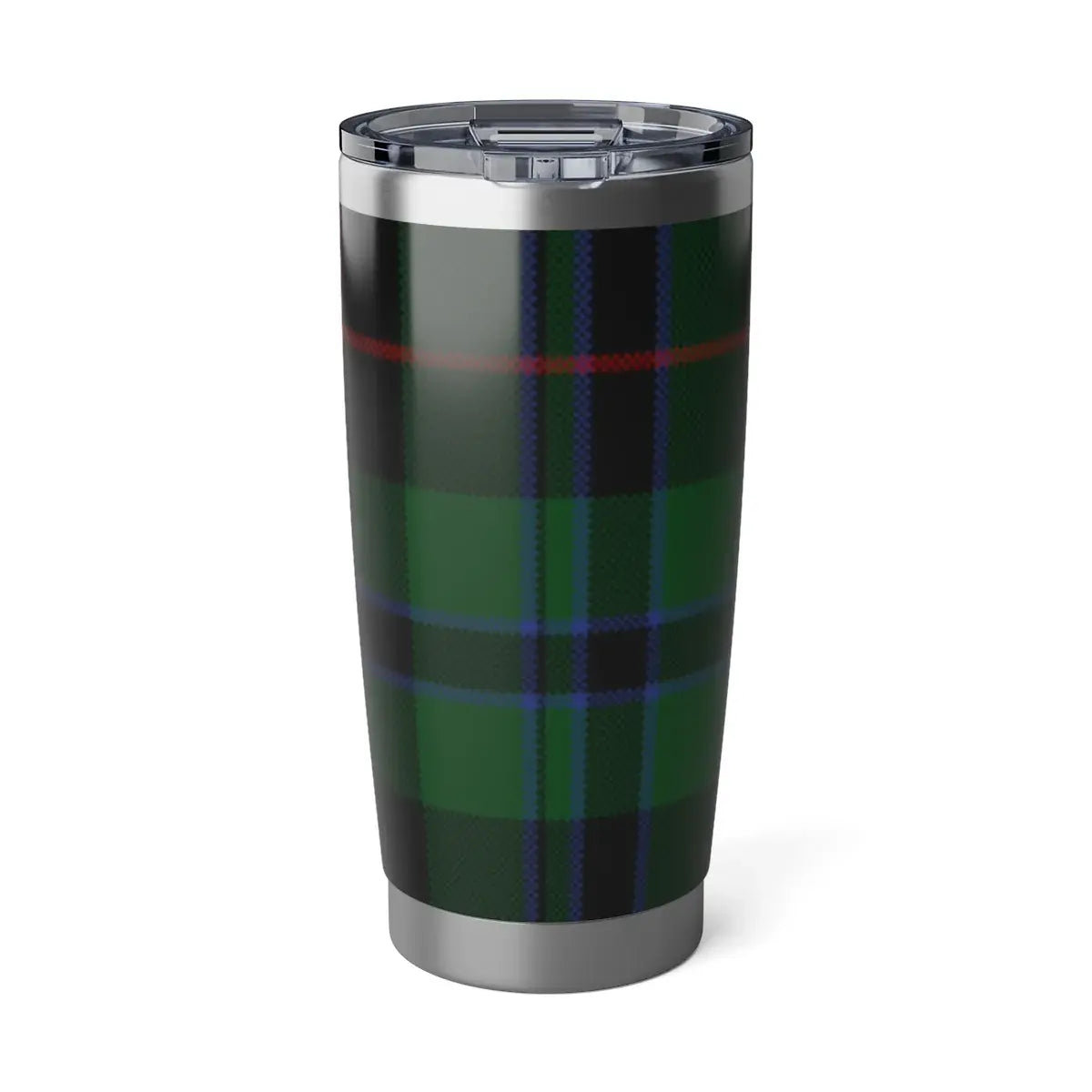 Douglas clan crest tumbler in hand — green tartan plaid on 20oz insulated stainless steel
