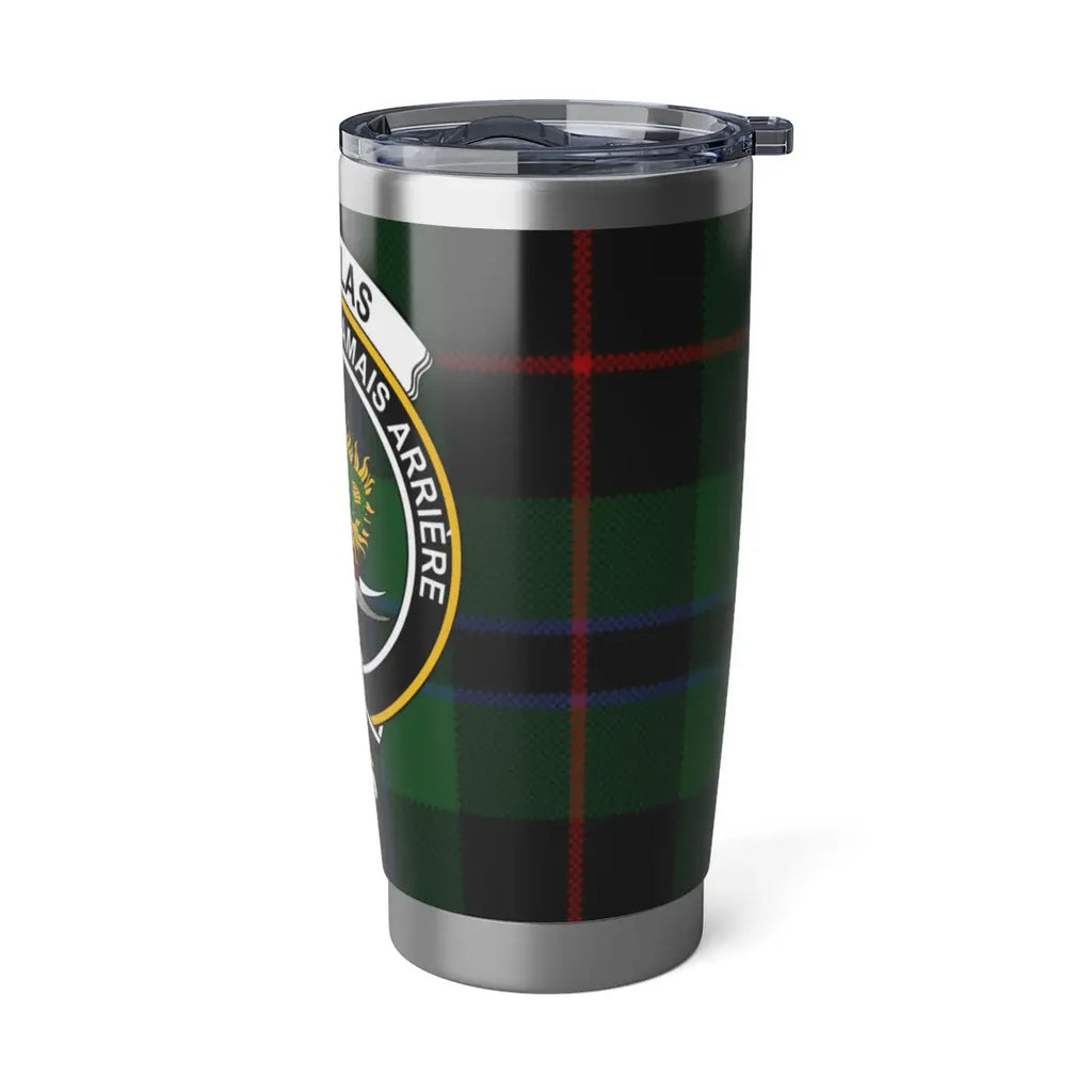Douglas clan tartan tumbler flat lay — green plaid print on 20oz stainless steel, full design