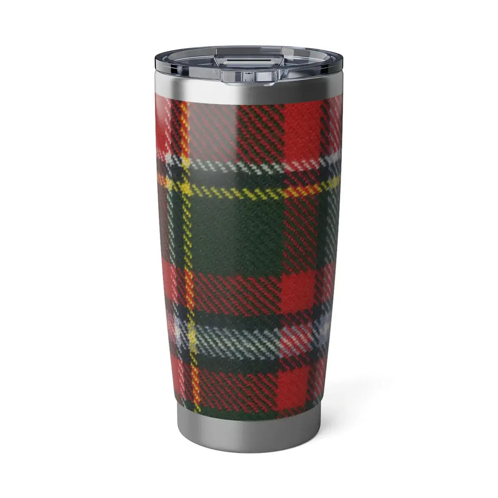 Drummond clan crest tumbler in hand — red plaid tartan on 20oz insulated stainless steel