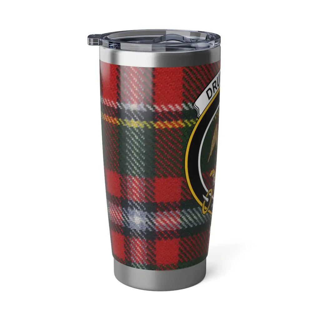 Drummond clan tartan travel tumbler — clan crest on 20oz stainless steel, fits cup holders