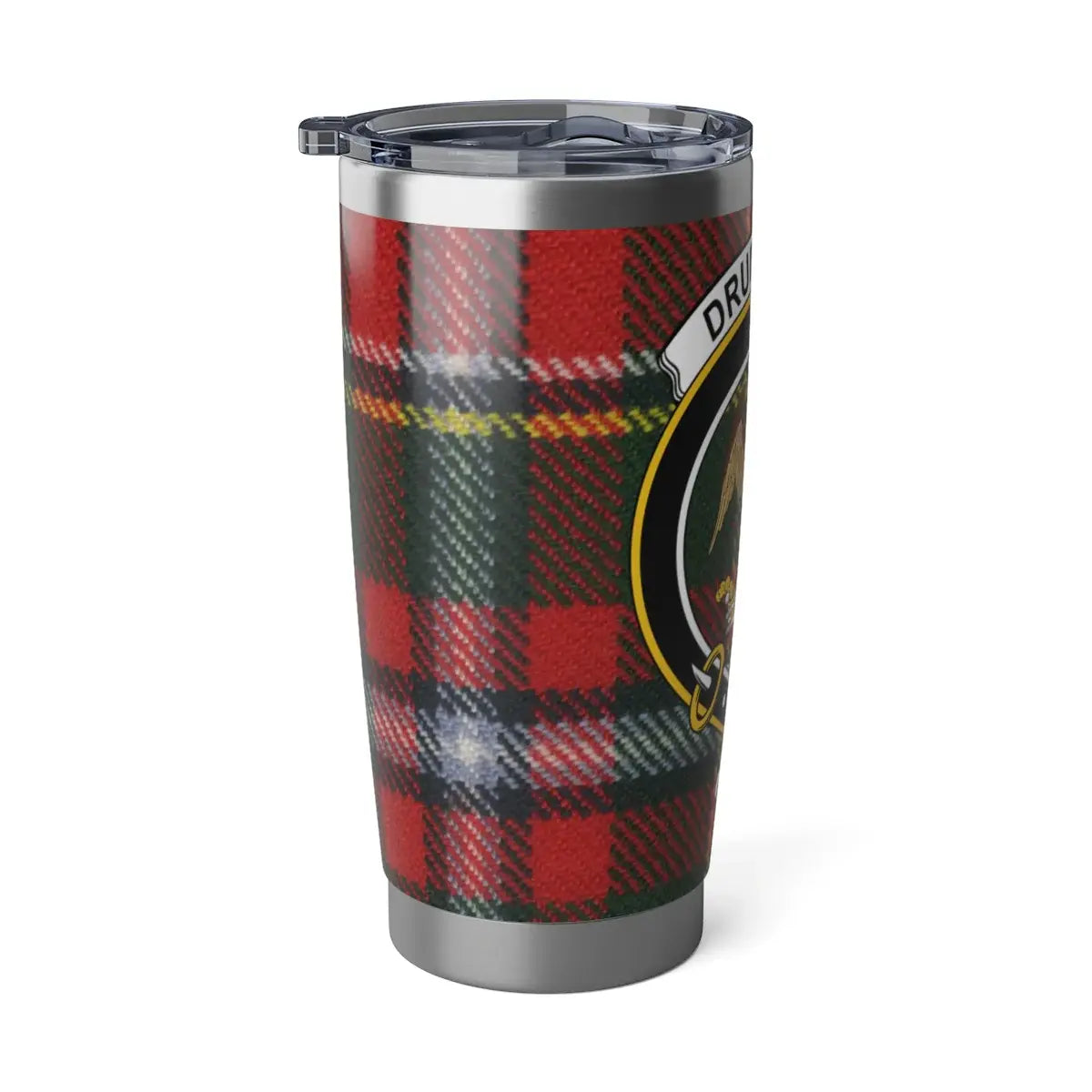 Drummond clan tartan travel tumbler — clan crest on 20oz stainless steel, fits cup holders