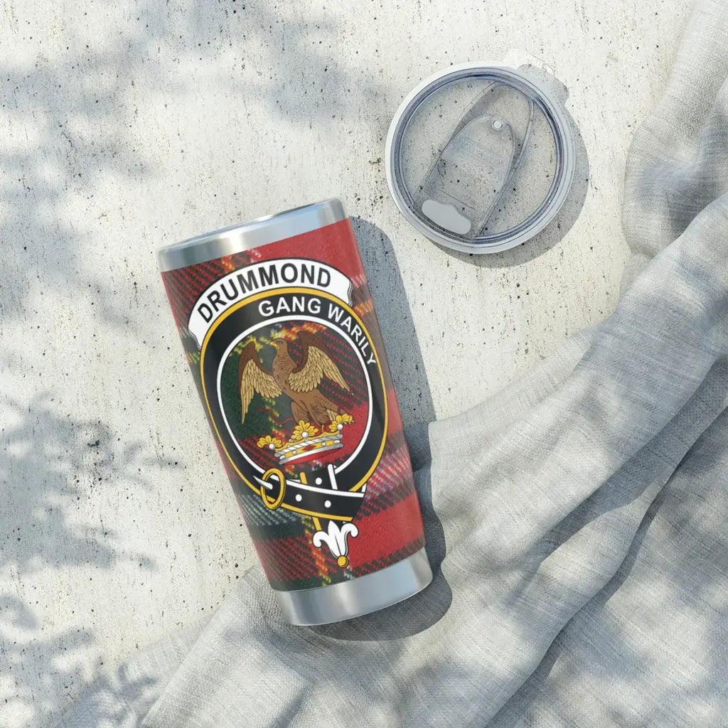 Drummond clan crest insulated tumbler — 20oz silver stainless steel, Gang Warily eagle design