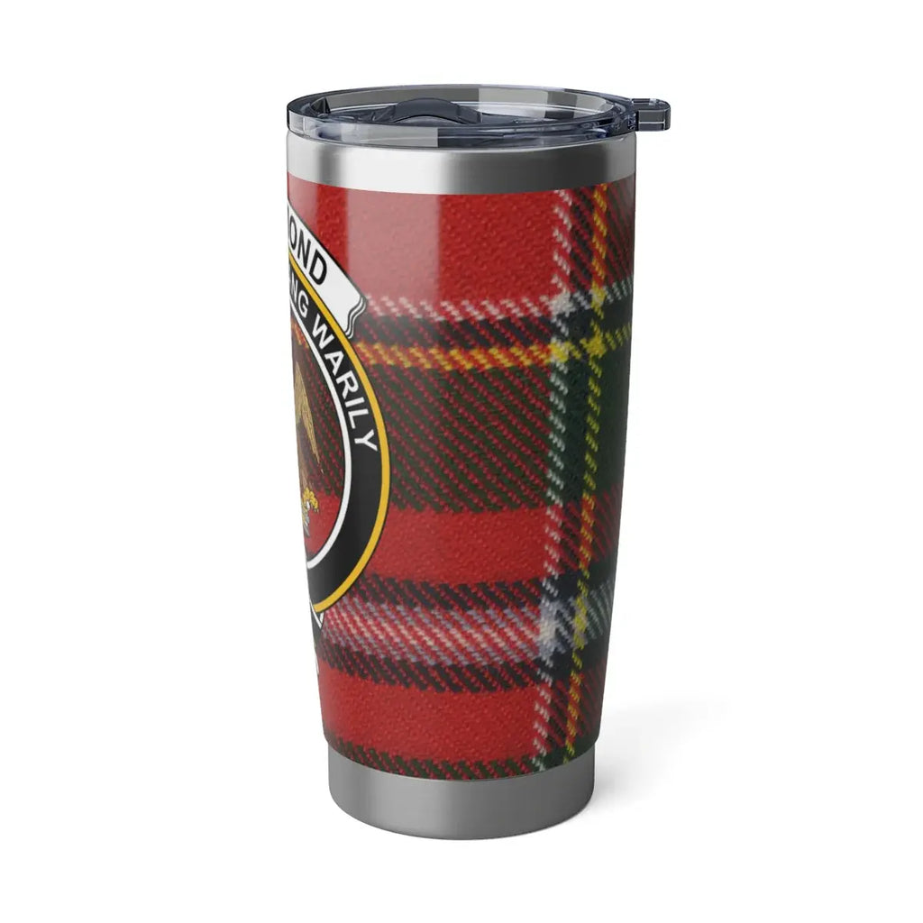 Drummond Scottish clan crest plaid travel tumbler flat lay — 20oz silver, full tartan design