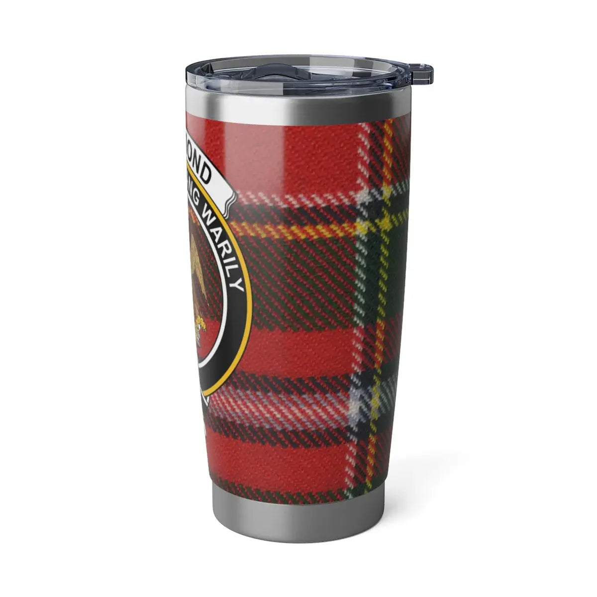 Drummond Scottish clan crest plaid travel tumbler flat lay — 20oz silver, full tartan design