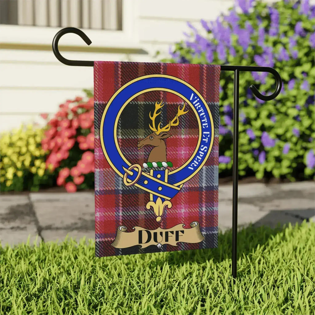 Clan Duff tartan garden flag — 12x18 full-colour outdoor flag showing crest and motto Virtute Et Spera