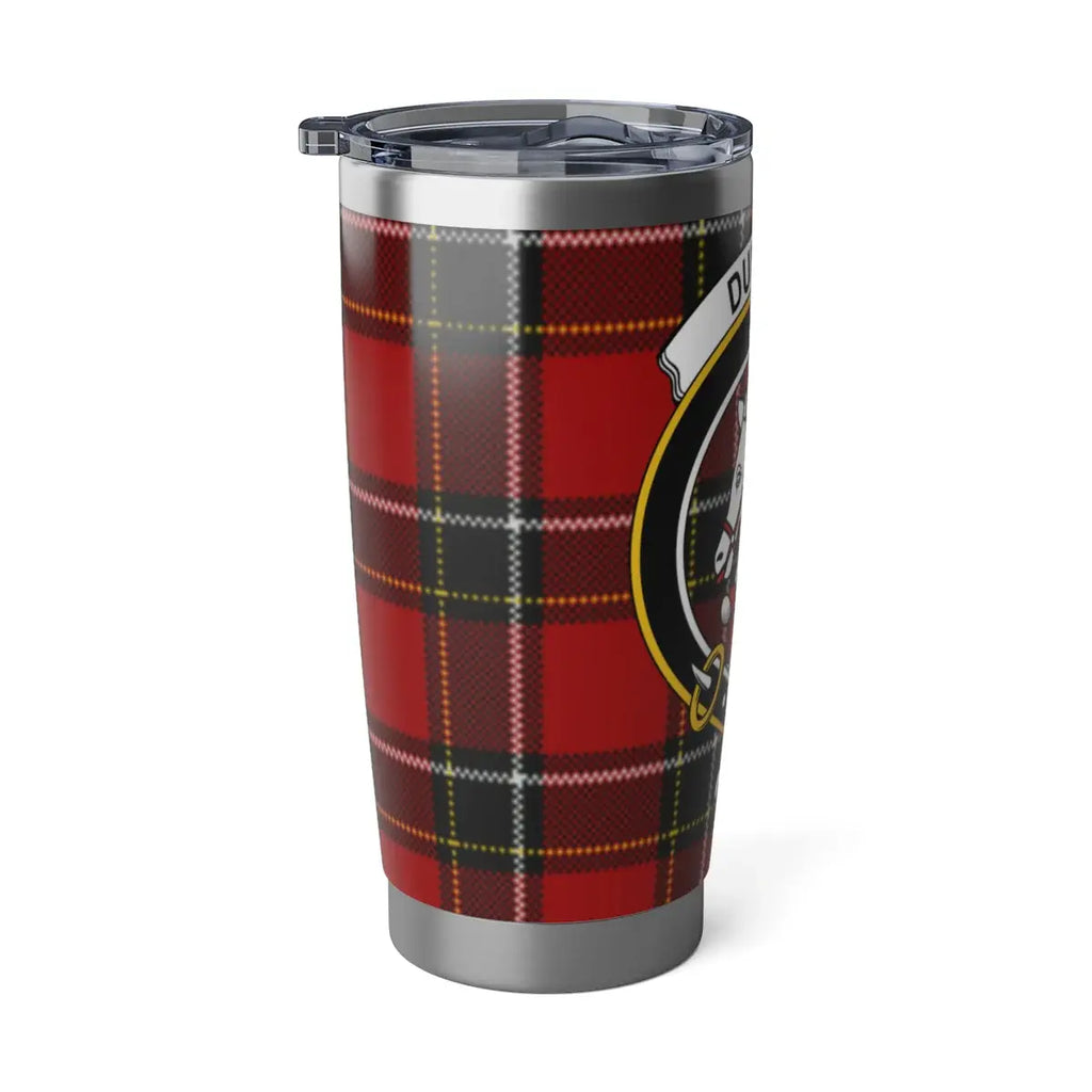 Dunbar Scottish tartan tumbler — angled view, spill-resistant lid, cup holder size