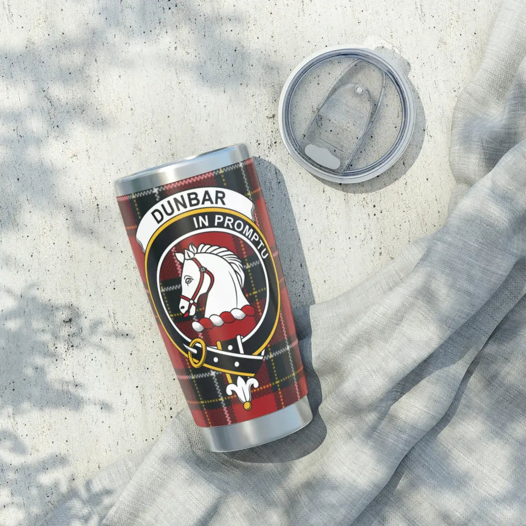 Clan Dunbar tumbler close-up — crest and motto In Promptu on stainless steel body