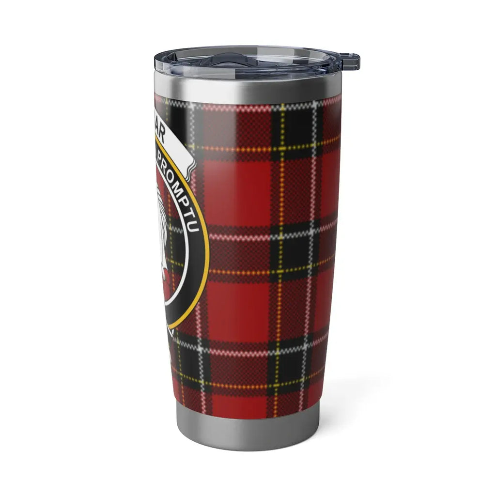 Dunbar clan tartan tumbler lifestyle shot — 20oz steel, commuter desk setting