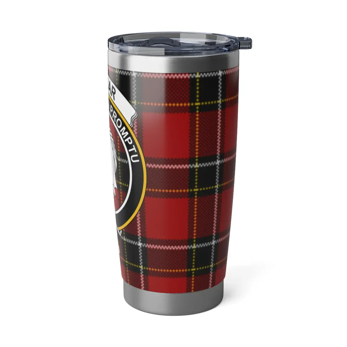 Dunbar clan tartan tumbler lifestyle shot — 20oz steel, commuter desk setting