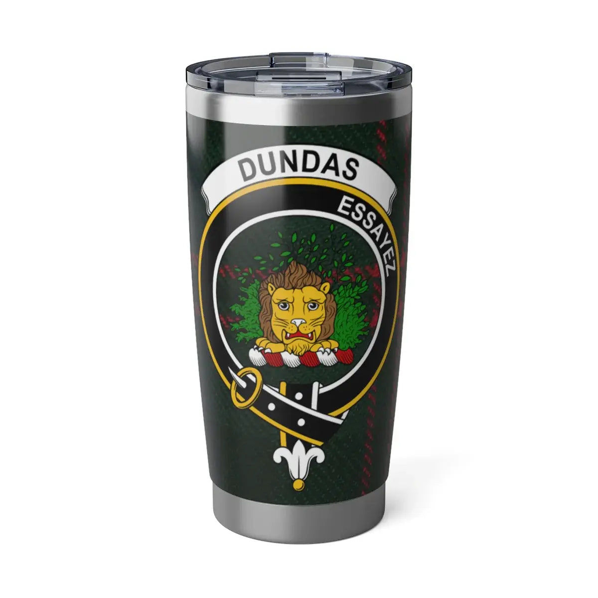 Clan Dundas tartan 20oz stainless steel tumbler — full-colour lion crest print, silver finish
