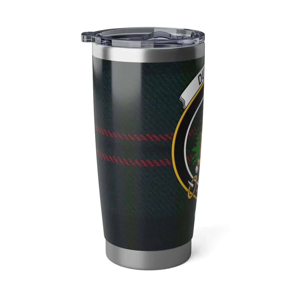 Dundas Scottish tartan tumbler — angled view, spill-resistant lid, cup holder size