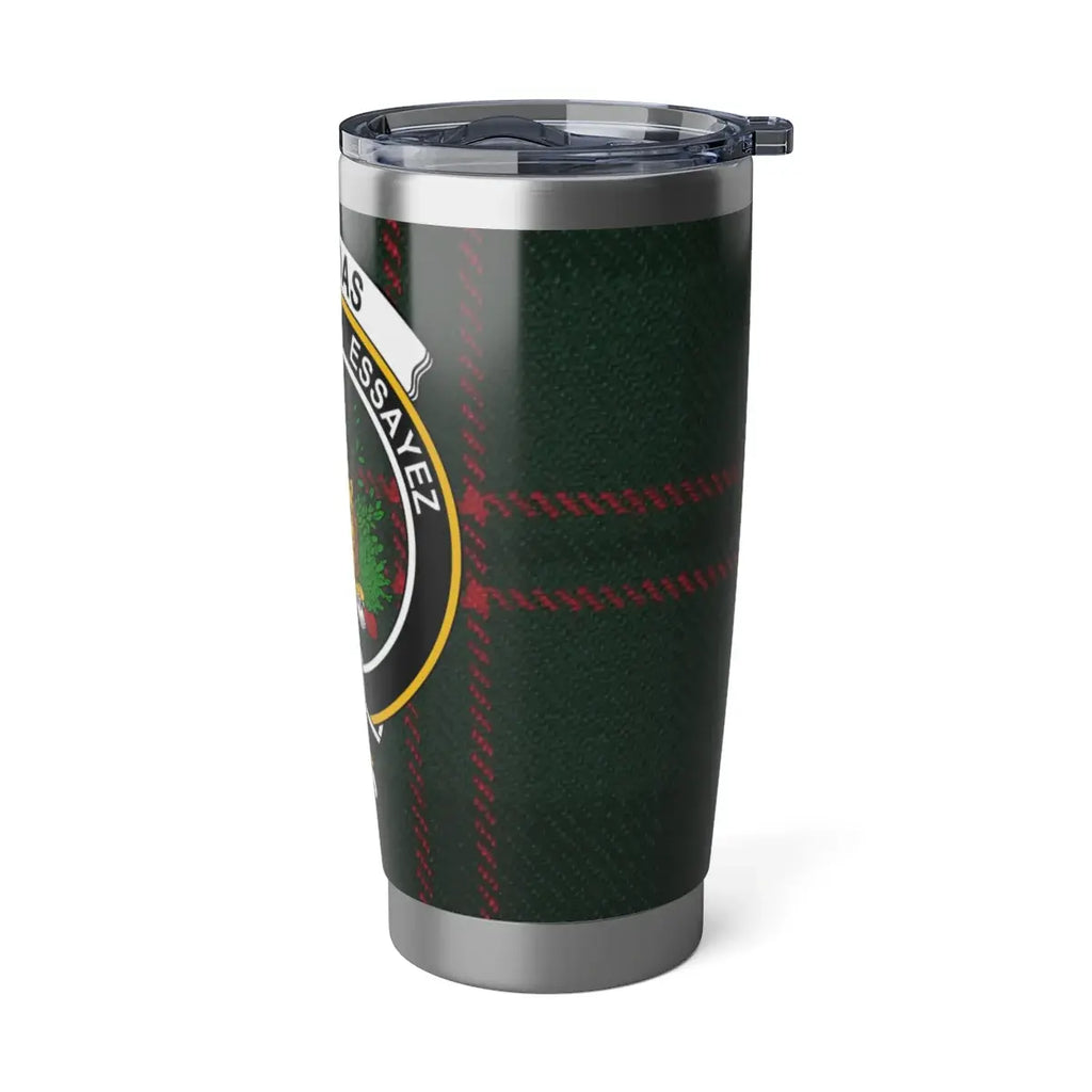 Dundas clan tartan tumbler lifestyle shot — 20oz steel, commuter desk setting