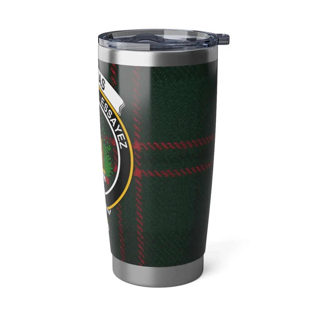 Dundas clan tartan tumbler lifestyle shot — 20oz steel, commuter desk setting