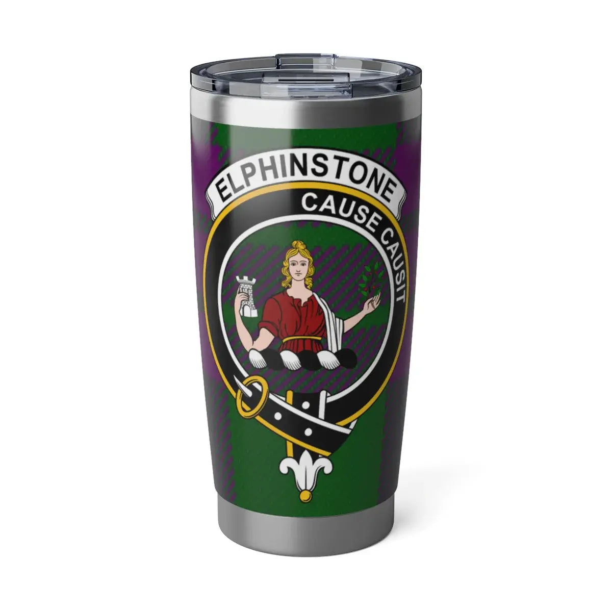 Clan Elphinstone tartan 20oz stainless steel tumbler — full-colour crest print, silver finish
