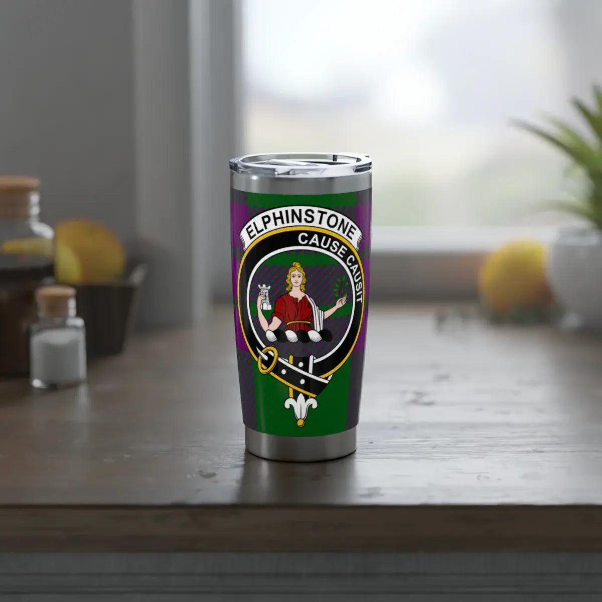 Elphinstone clan crest insulated tumbler — side view showing tartan and motto Cause Causit