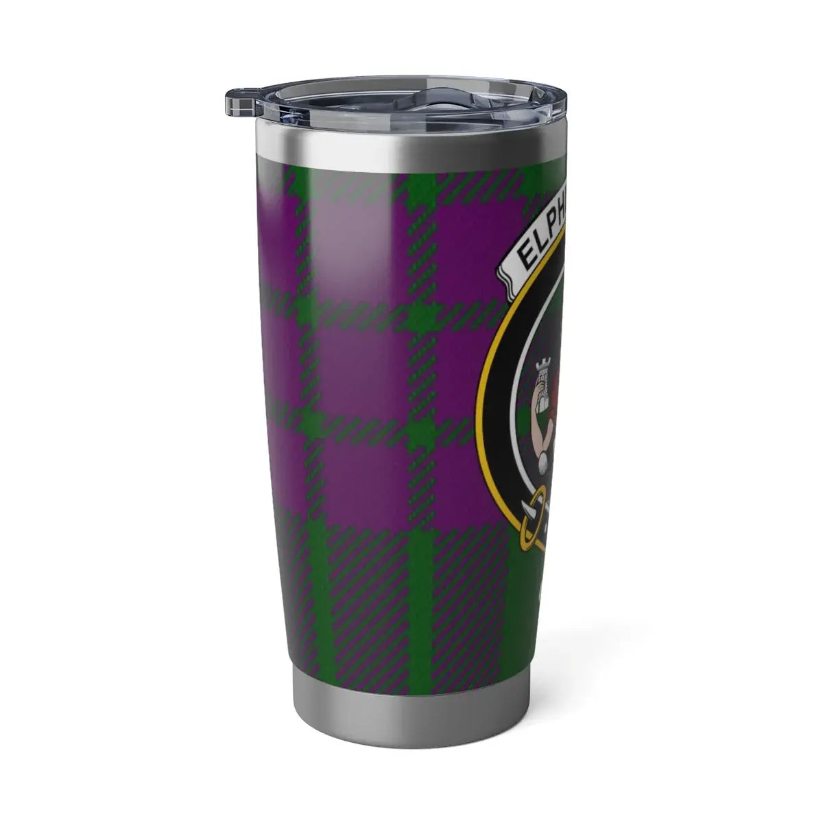 Elphinstone Scottish tartan tumbler — angled view, spill-resistant lid, cup holder size