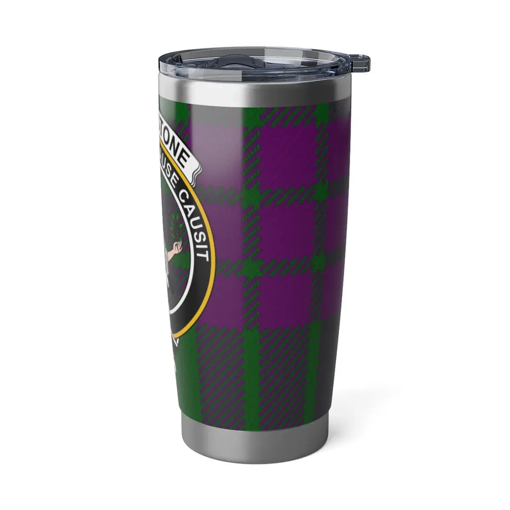 Elphinstone clan tartan tumbler lifestyle shot — 20oz steel, commuter desk setting