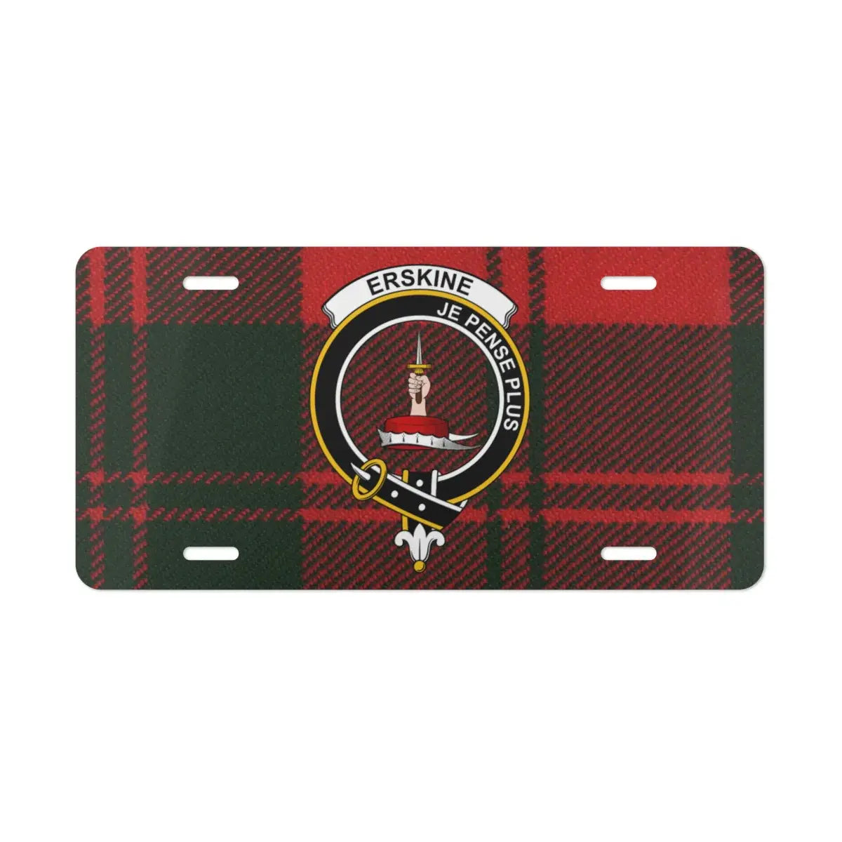 Clan Erskine Scottish tartan license plate — full-colour crest print, aluminium, wall display