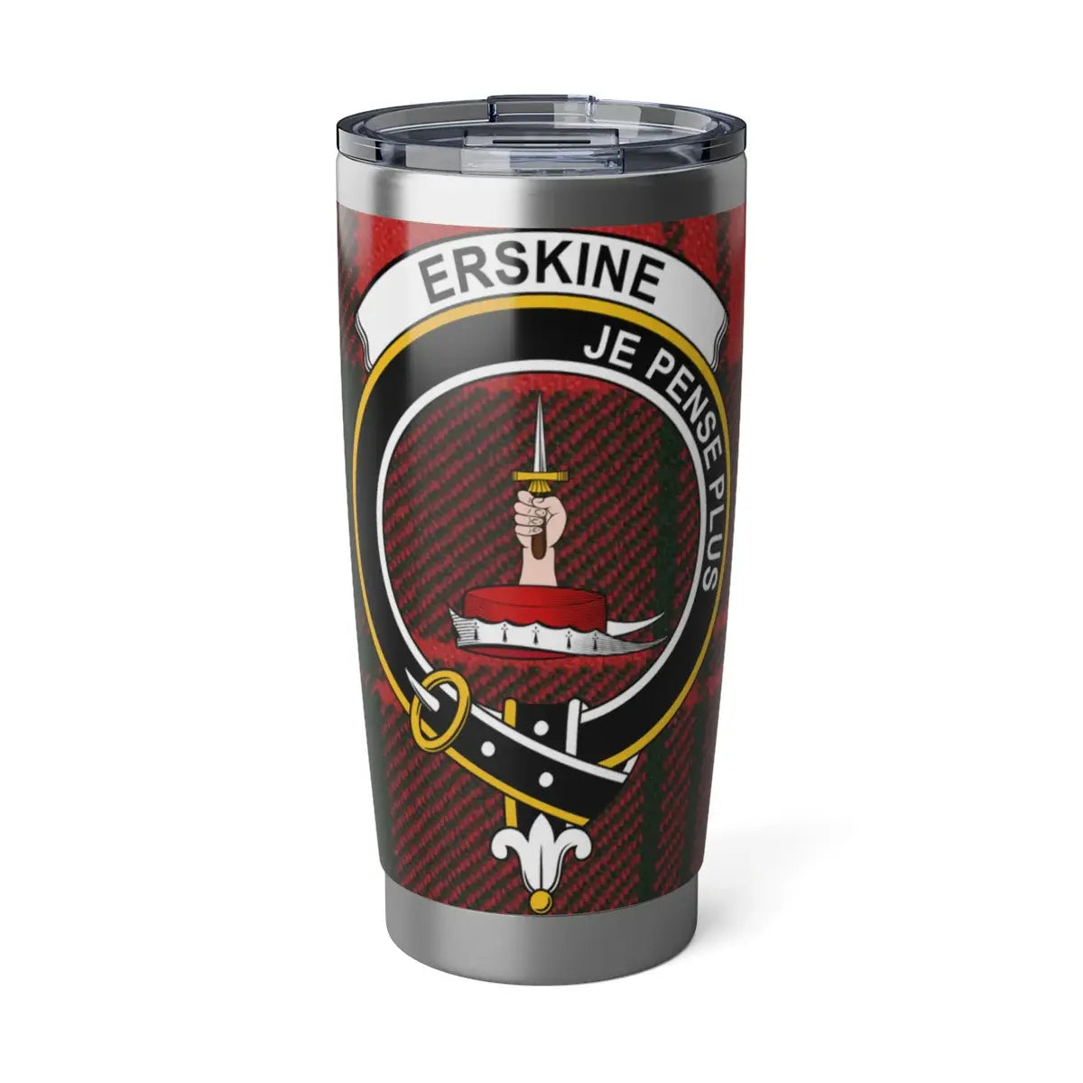 Clan Erskine tartan 20oz stainless steel tumbler — full-colour crest print, silver finish